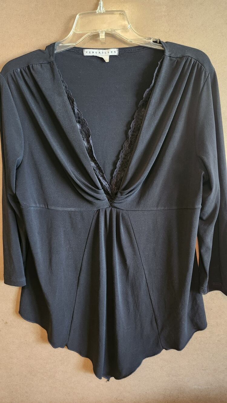 Versailles Black Lace Trim Surplice V-Neck L Top 3/4 Sleeve Gathered Waist Wt78